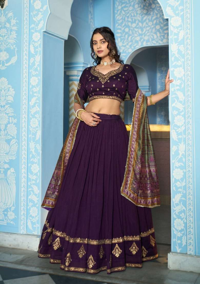 Purple Sequin Work Silk Blend Lehenga Set for Diwali and Festive Wear - Indya