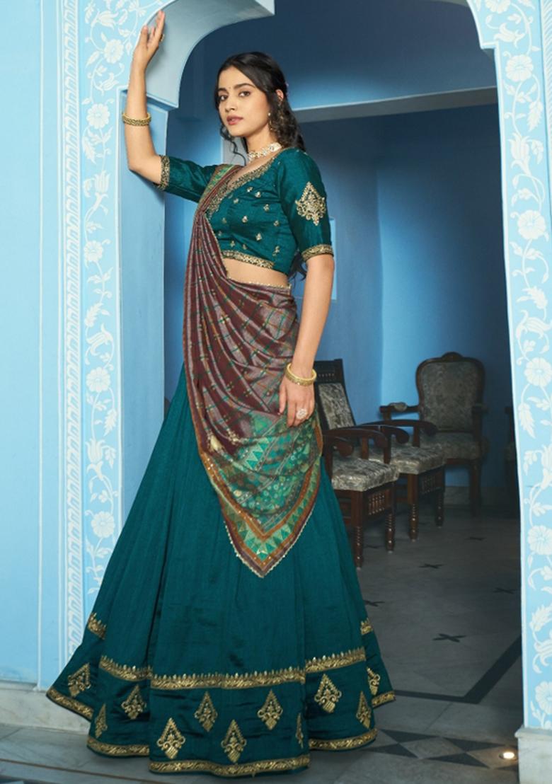 Teal Sequin Work Silk Blend Lehenga Set - Indya