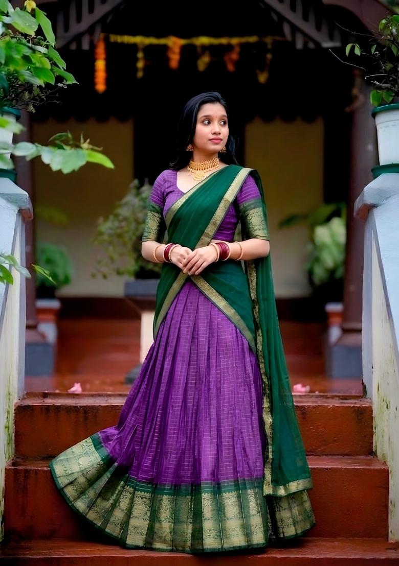 Purple Zari Work Dola Chex Lehenga Set - Indya