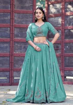 Sea Green Zari Work Georgette Lehenga Set
