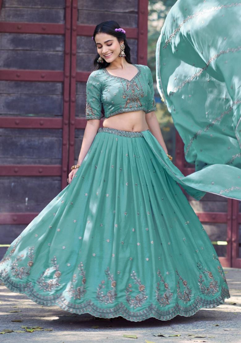 Sea Green Zari Work Georgette Lehenga Set - Indya