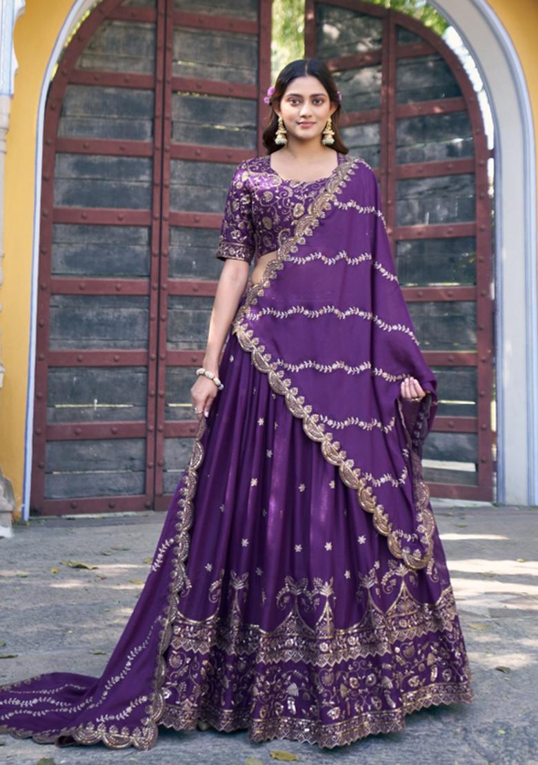 Purple Zari Work Georgette Lehenga Set - Indya