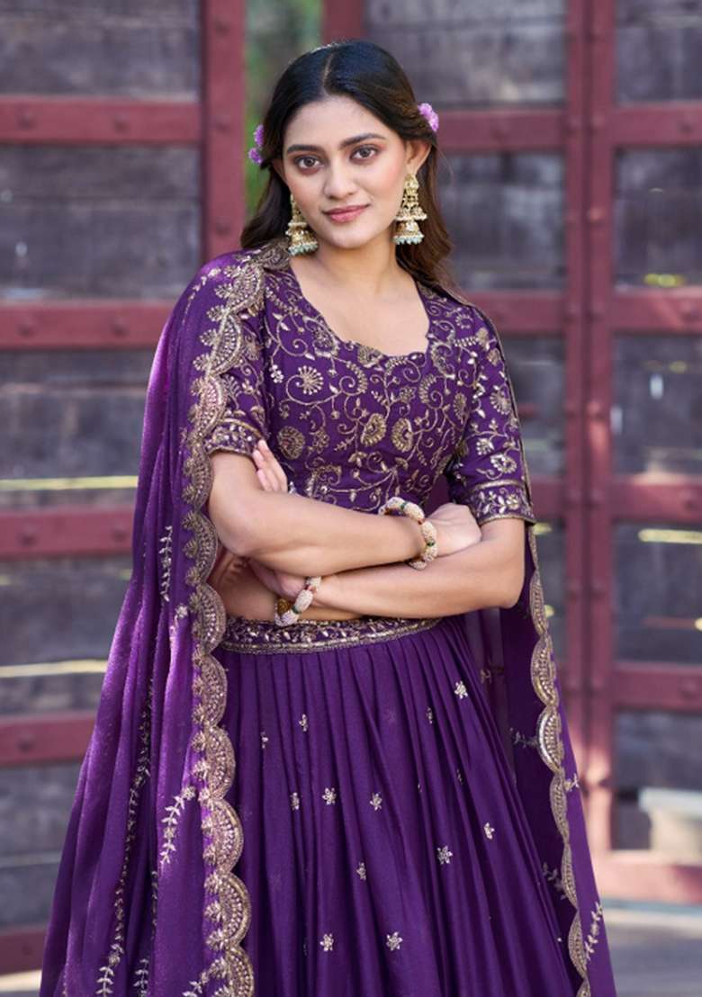 Purple Georgette Lehenga Set with Zari Work for Diwali | Wedding & Festive Wear - Indya
