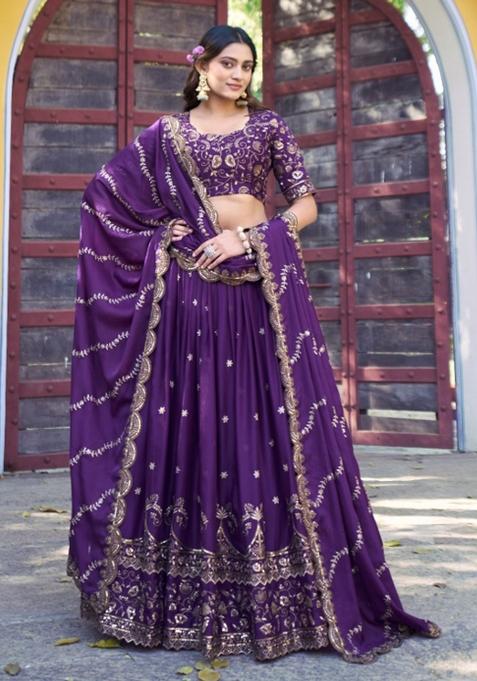 Purple Zari Work Georgette Lehenga Set