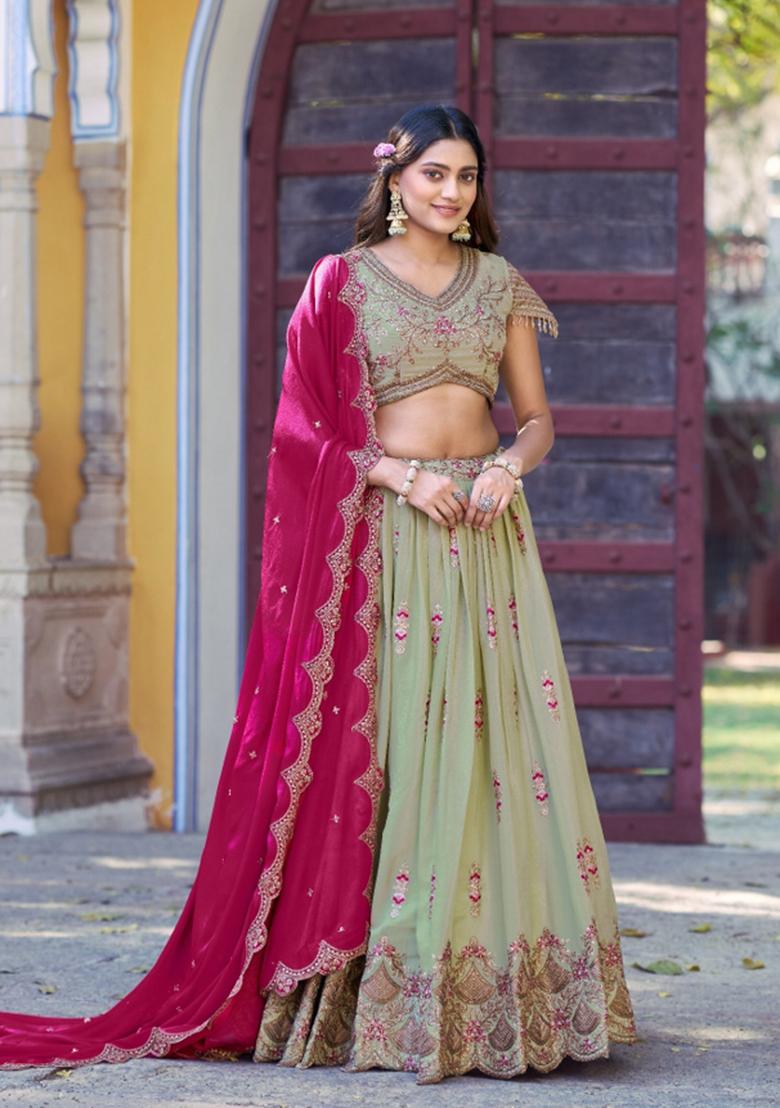 Pista Zari Work Georgette Lehenga Set - Indya