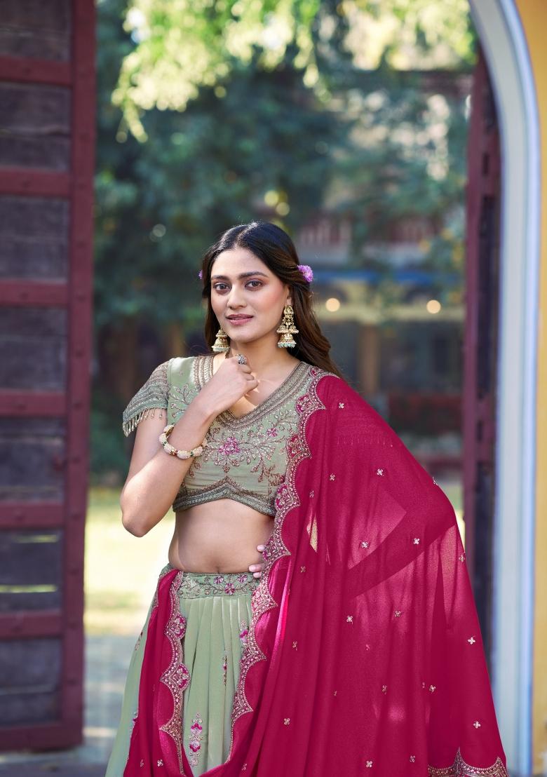 Pista Zari Work Georgette Lehenga Set - Indya