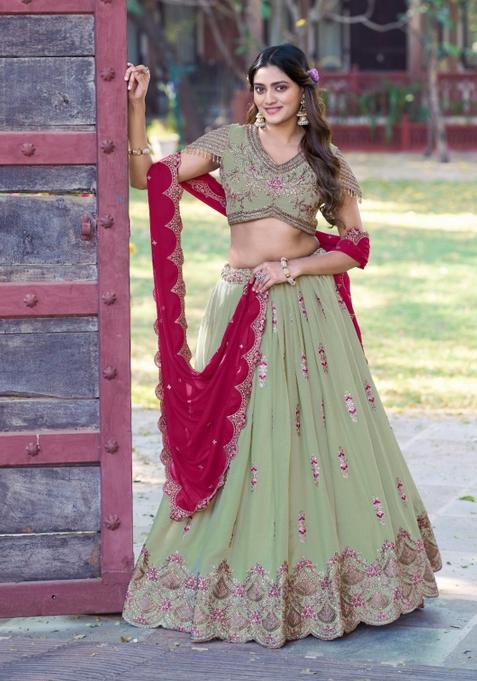 Pista Zari Work Georgette Lehenga Set