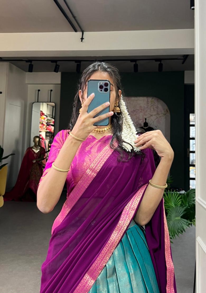 Firozi Zari Work Kanchipuram Lehenga Set - Indya