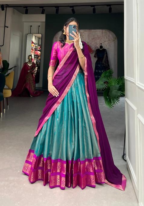 Firozi Zari Work Kanchipuram Lehenga Set