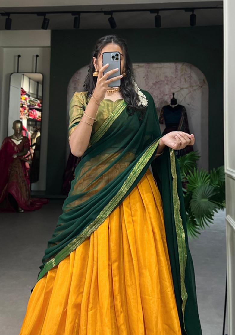 Yellow Zari Work Kanchipuram Lehenga Set - Indya