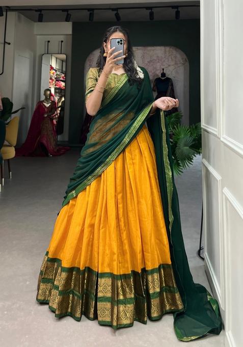 Yellow Zari Work Kanchipuram Lehenga Set