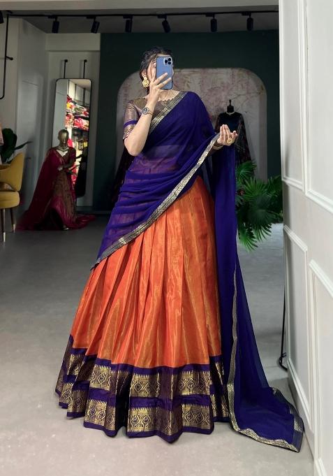Orange Zari Work Kanchipuram Lehenga Set