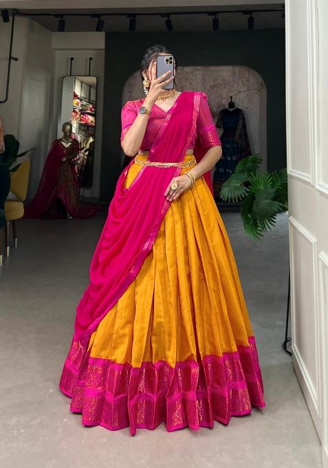 Mustard Zari Work Kanchipuram Lehenga Set
