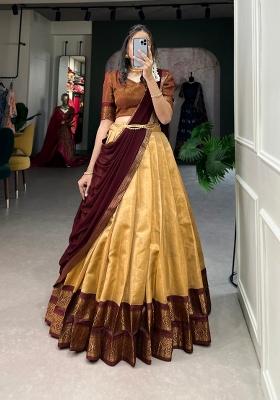 Cream Zari Work Kanchipuram Lehenga Set