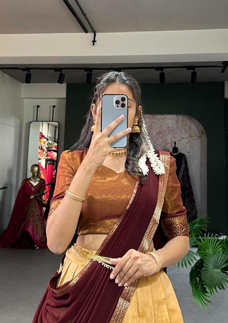 Cream Zari Work Kanchipuram Lehenga Set - Indya