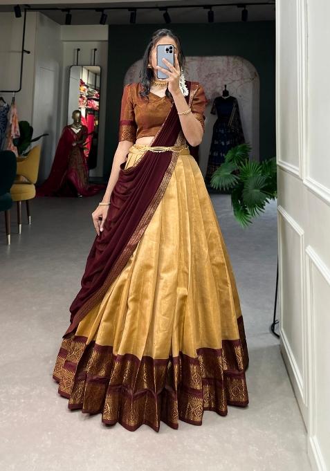 Cream Zari Work Kanchipuram Lehenga Set