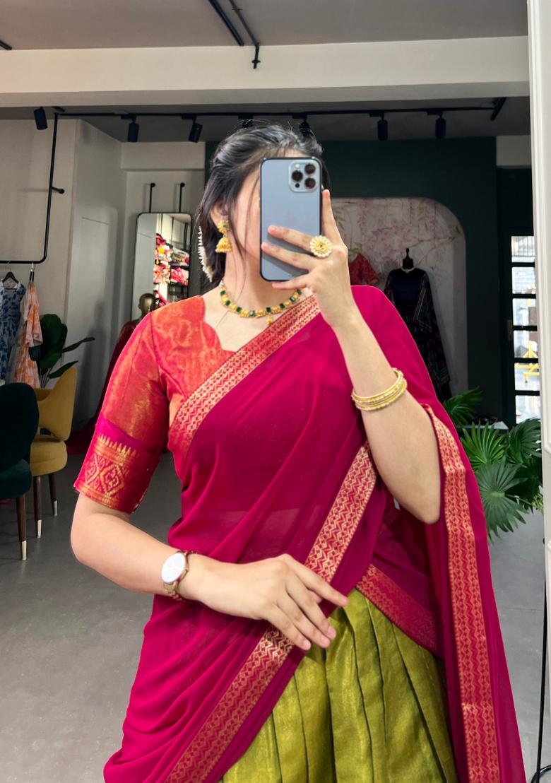 Pista Zari Work Kanchipuram Lehenga Set - Indya