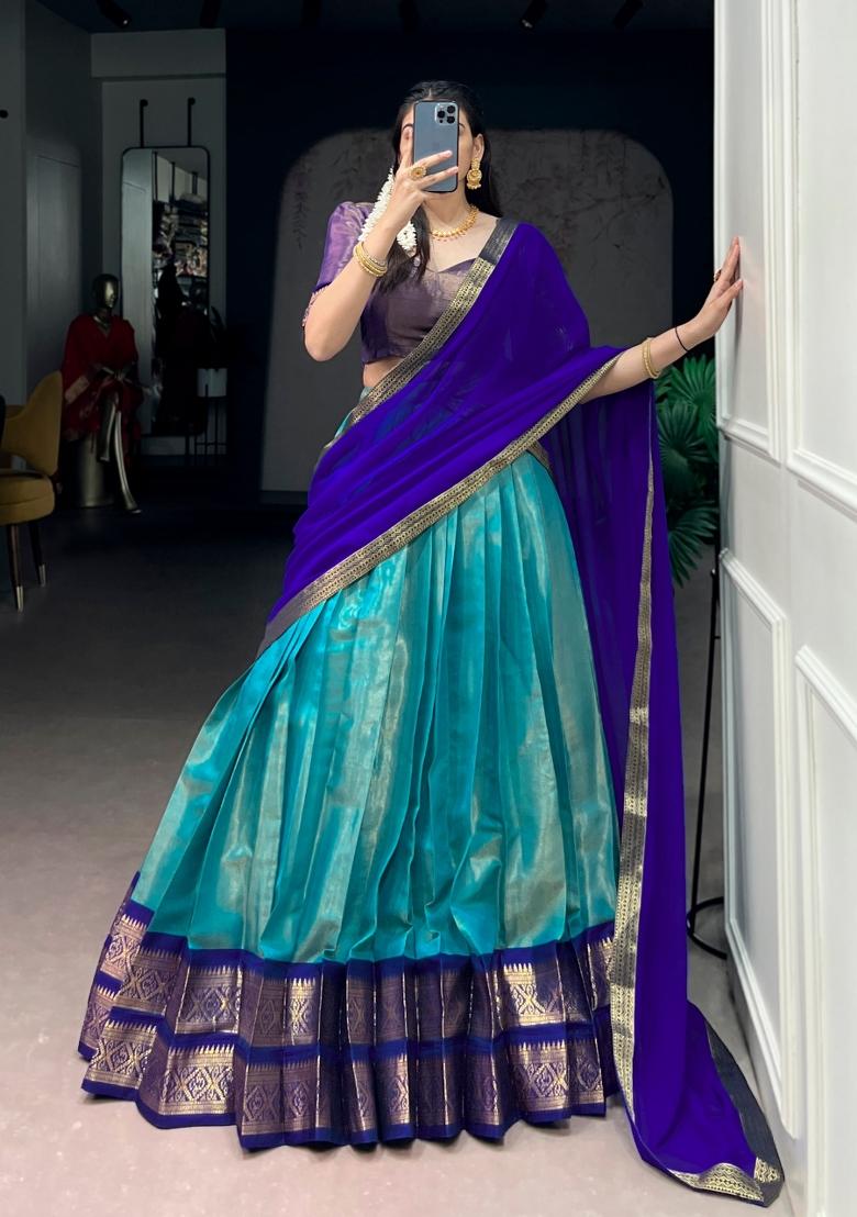 Teal Zari Work Kanchipuram Lehenga Set - Indya
