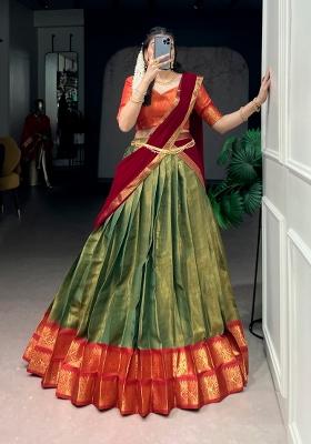 Green Zari Work Kanchipuram Lehenga Set