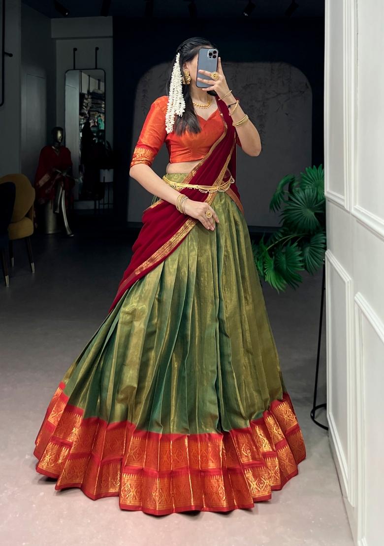 Green Zari Work Kanchipuram Lehenga Set - Indya