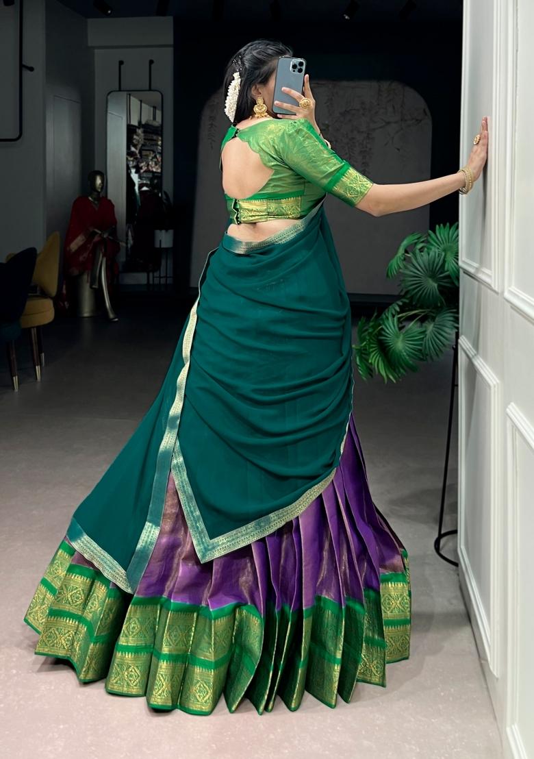 Lavender Zari Work Kanchipuram Lehenga Set - Indya