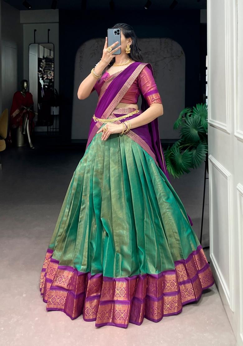Sea Green Zari Work Kanchipuram Lehenga Set - Indya
