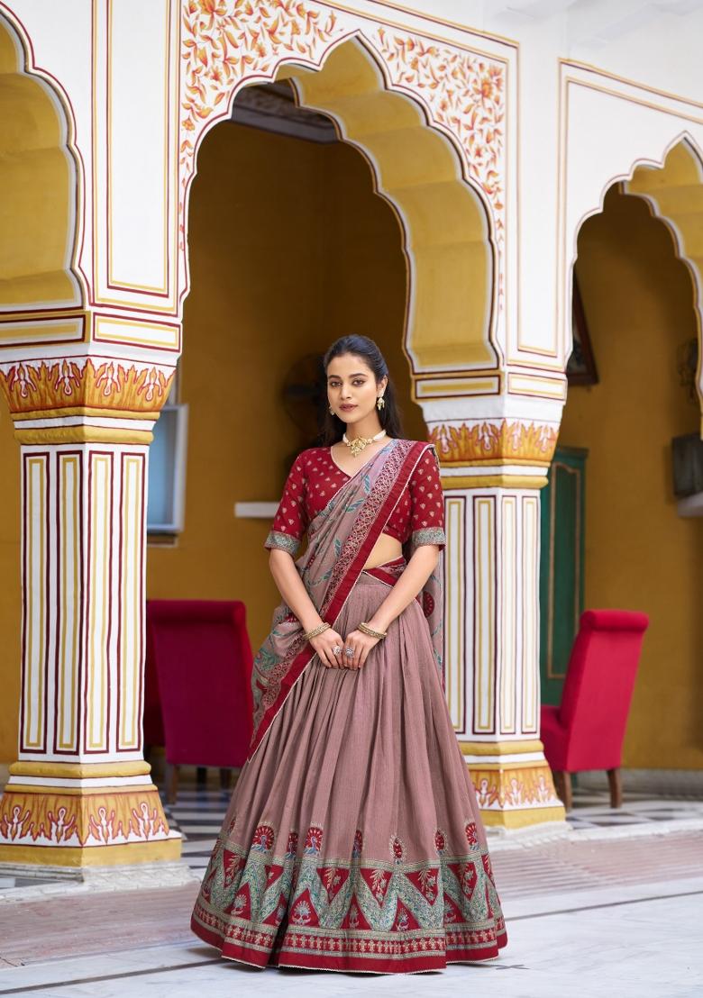 Maroon Lace Work Silk Blend Lehenga Set - Indya