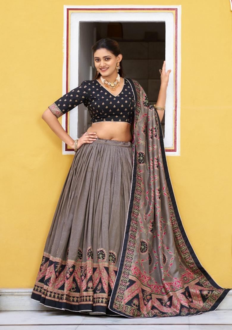 Black Lace Work Silk Blend Lehenga Set - Indya