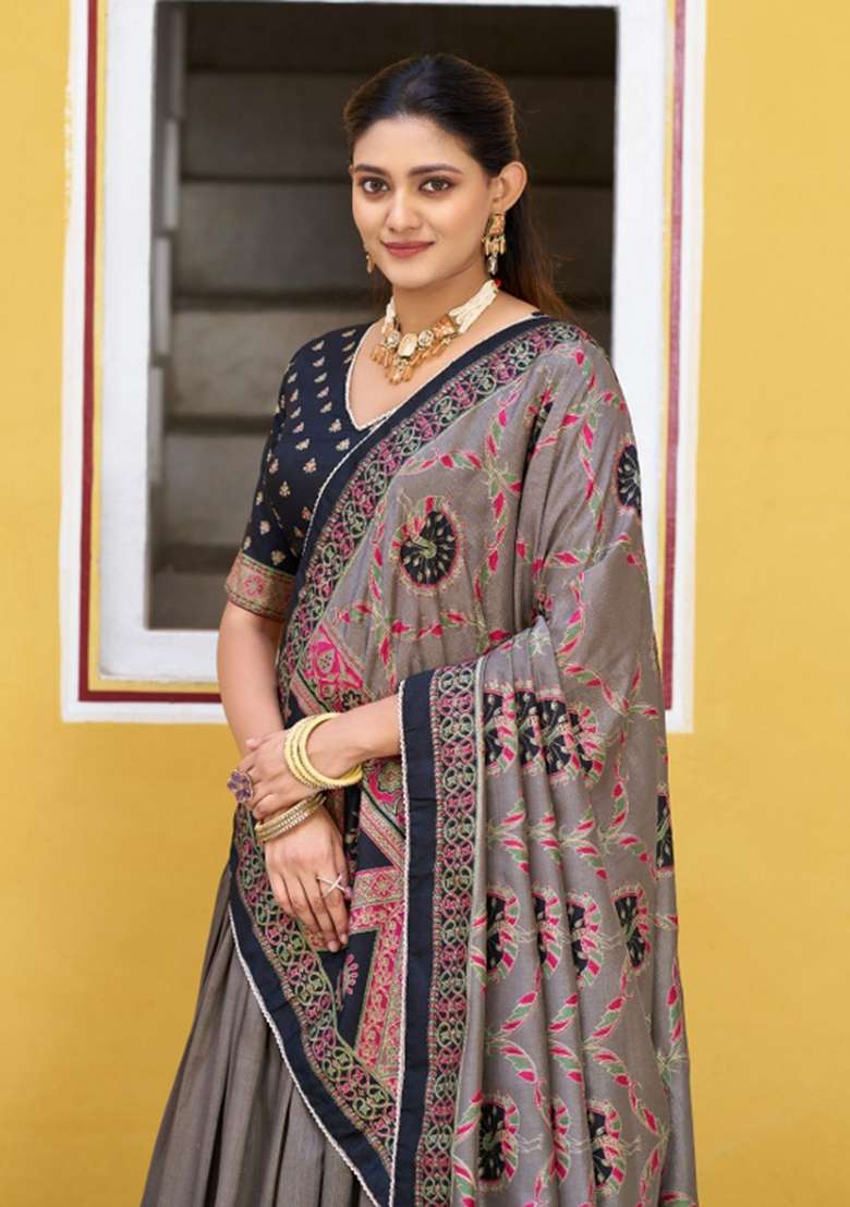 Black Lace Work Silk Blend Lehenga Set for Diwali | Wedding & Festive Wear - Indya