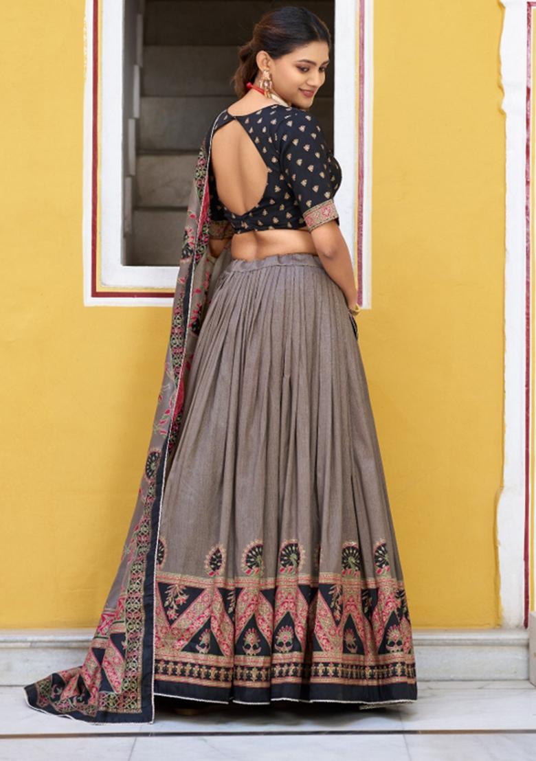 Black Lace Work Silk Blend Lehenga Set - Indya