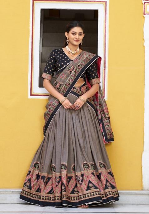 Black Lace Work Silk Blend Lehenga Set