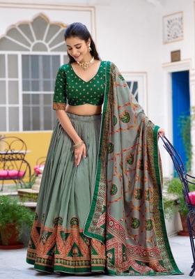 Green Lace Work Silk Blend Lehenga Set