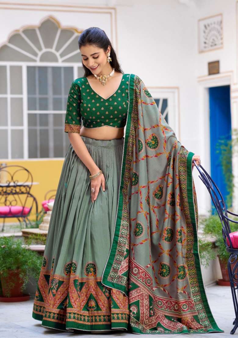 Green Lace Work Silk Blend Lehenga Set for Diwali | Wedding & Festive Wear - Indya