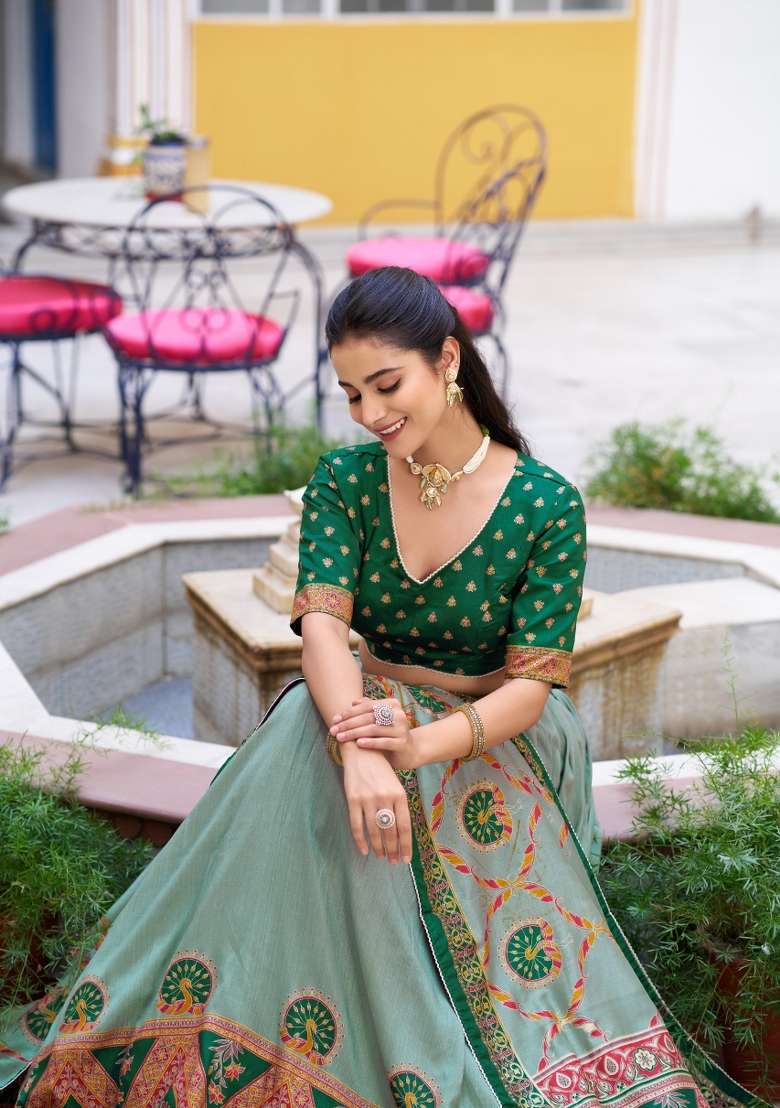 Green Lace Work Silk Blend Lehenga Set for Diwali | Wedding & Festive Wear - Indya
