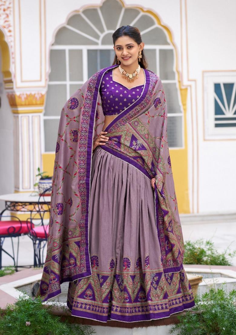 Purple Lace Work Silk Blend Lehenga Set - Indya
