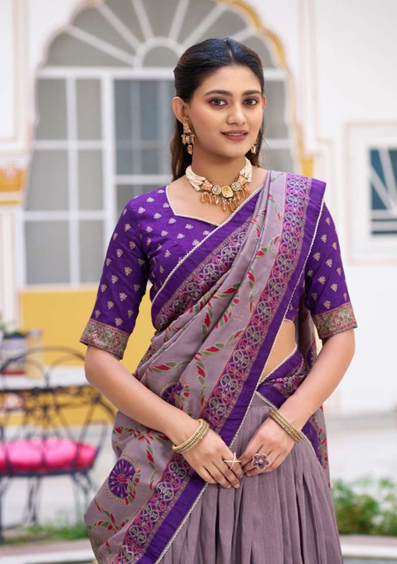 Purple Lace Work Silk Blend Lehenga Set for Diwali and Festive Wear - Indya