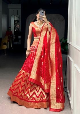 Red Zari Work Silk Blend Lehenga Set