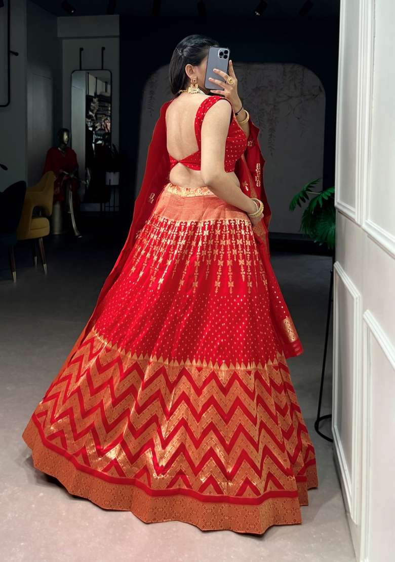 Red Zari Work Silk Blend Lehenga Set for Diwali and Festive Wear - Indya