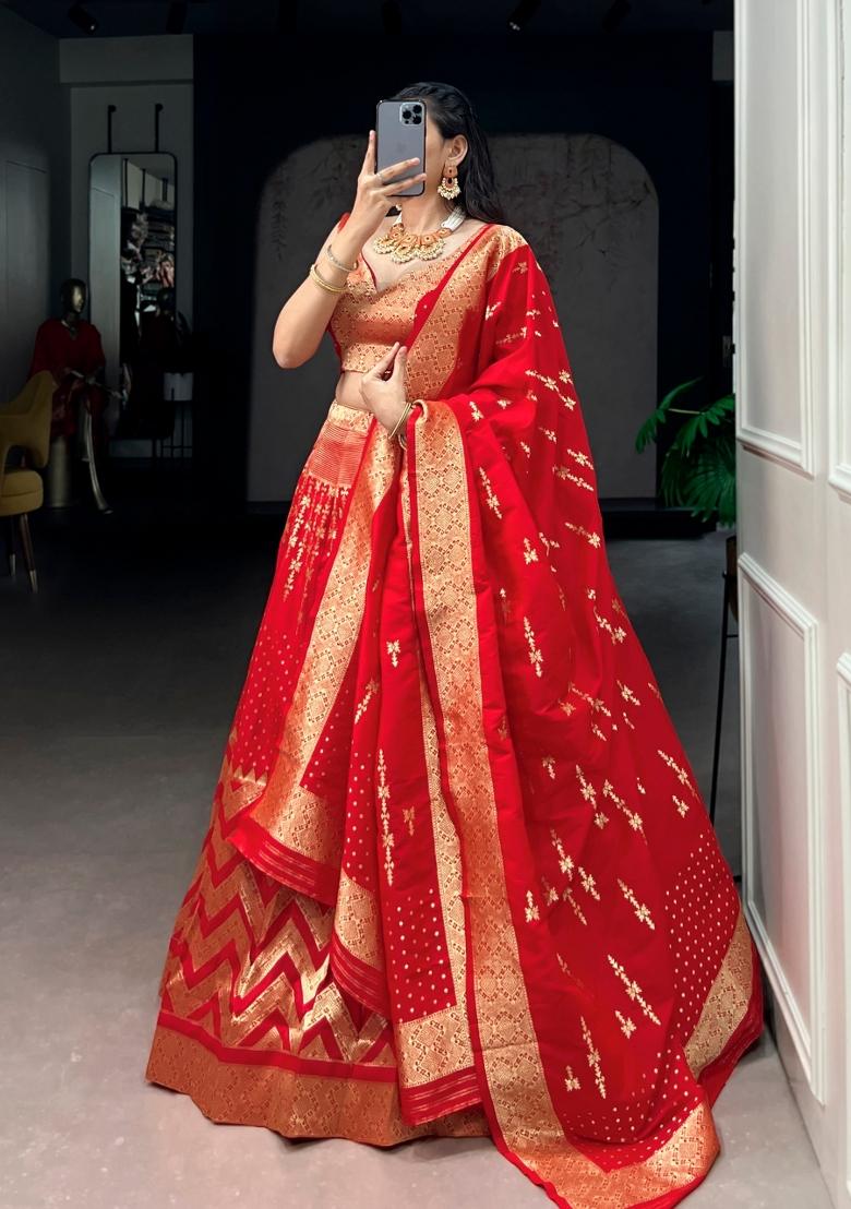 Red Zari Work Silk Blend Lehenga Set - Indya