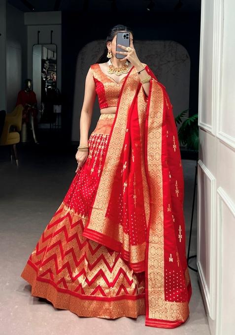 Red Zari Work Silk Blend Lehenga Set