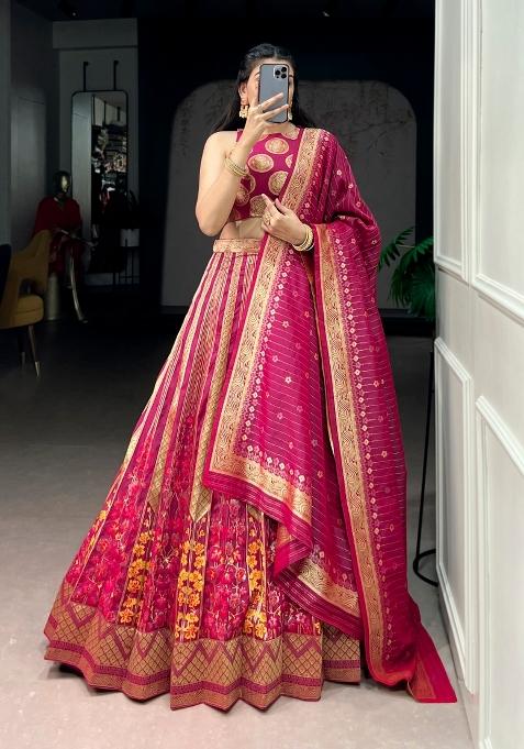 Pink Zari Work Silk Blend Lehenga Set