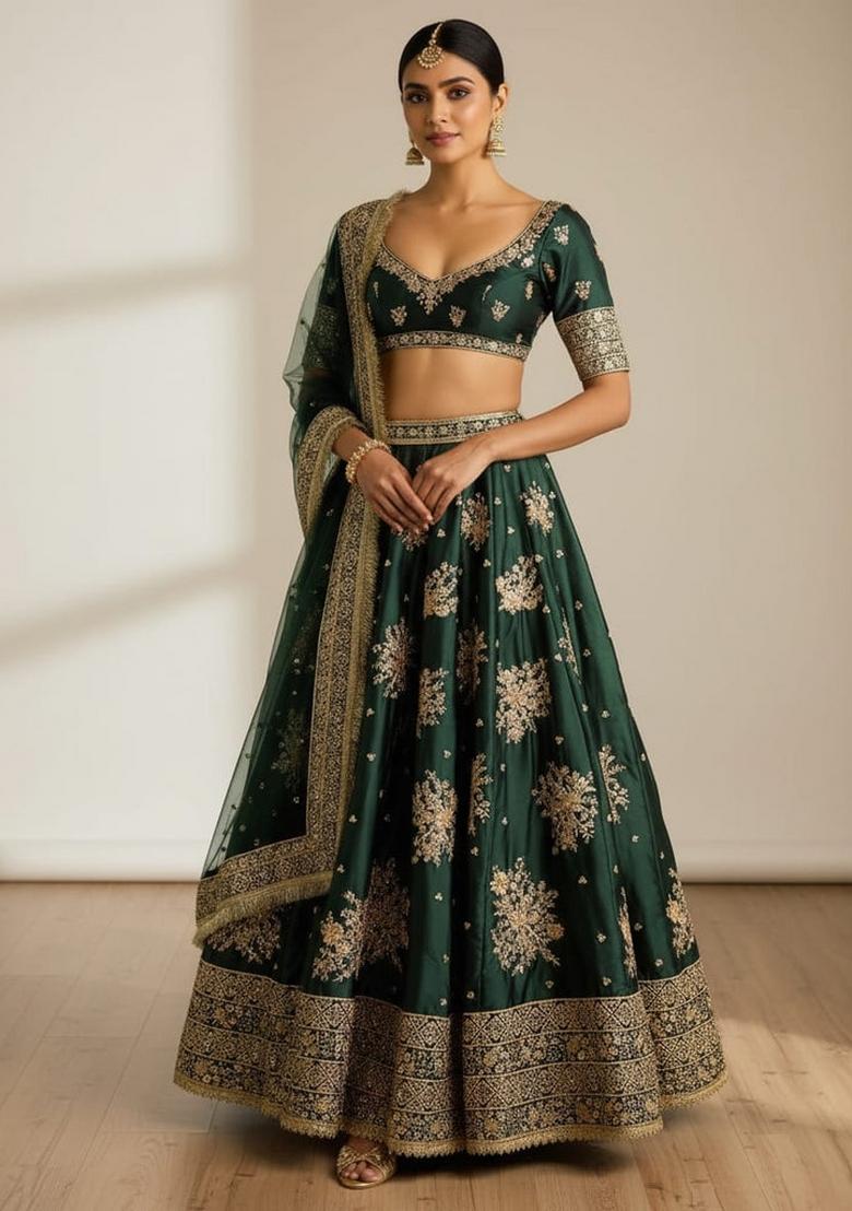 Green Sequin Work Satin Lehenga Set - Indya