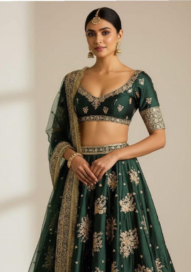Green Sequin Work Satin Lehenga Set - Indya