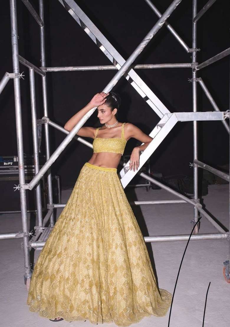 Yellow Embroidered Net Lehenga Set for Diwali and Festive Wear - Indya