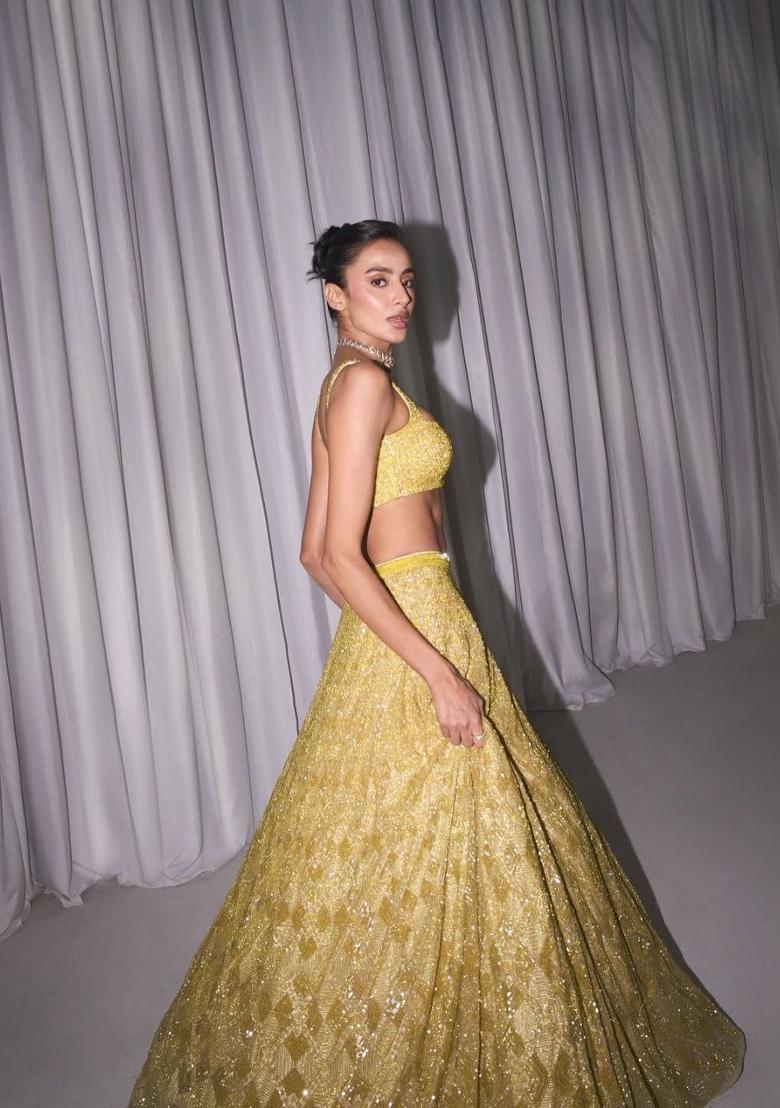 Yellow Embroidered Net Lehenga Set - Indya