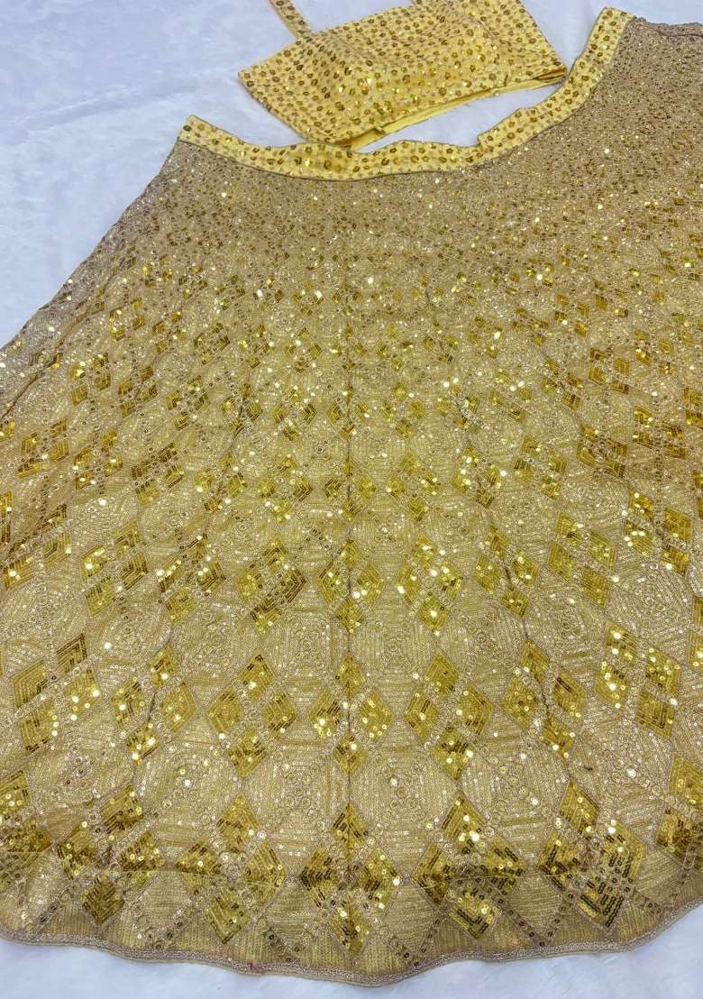Yellow Embroidered Net Lehenga Set for Diwali and Festive Wear - Indya
