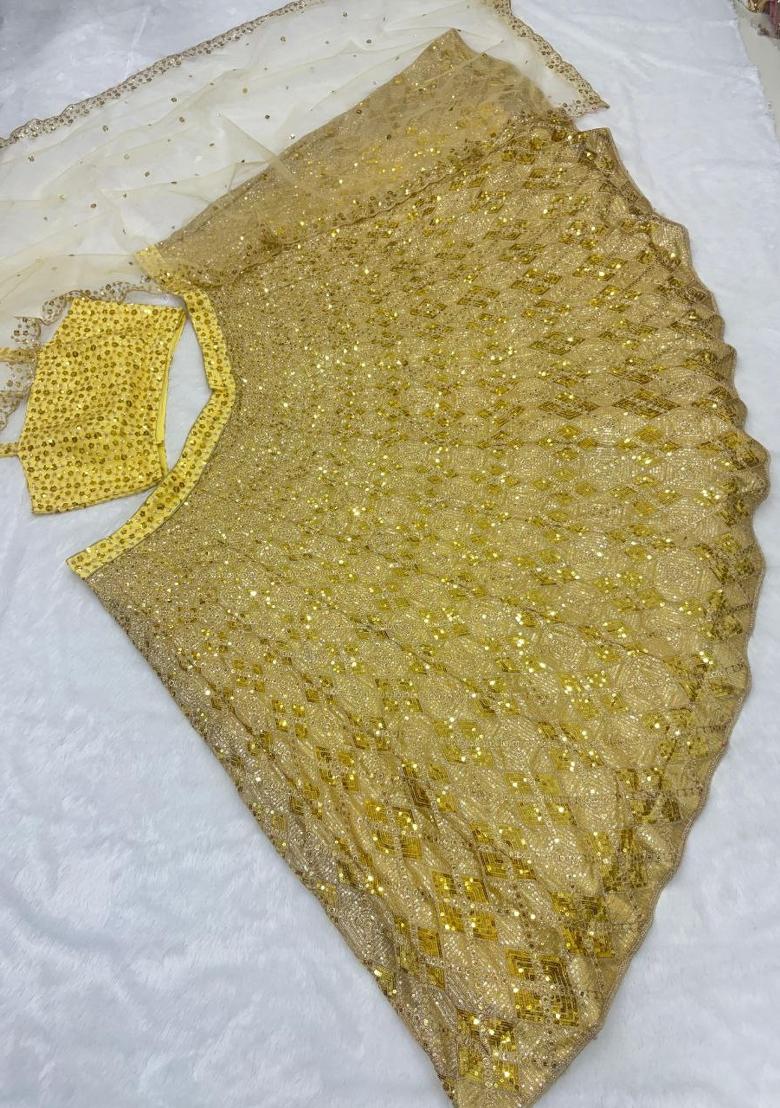 Yellow Embroidered Net Lehenga Set - Indya