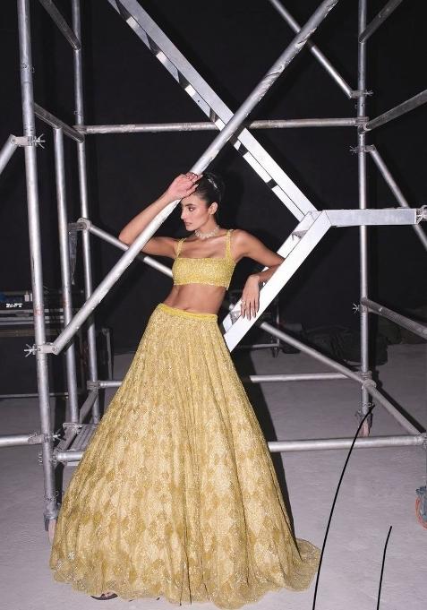 Yellow Embroidered Net Lehenga Set