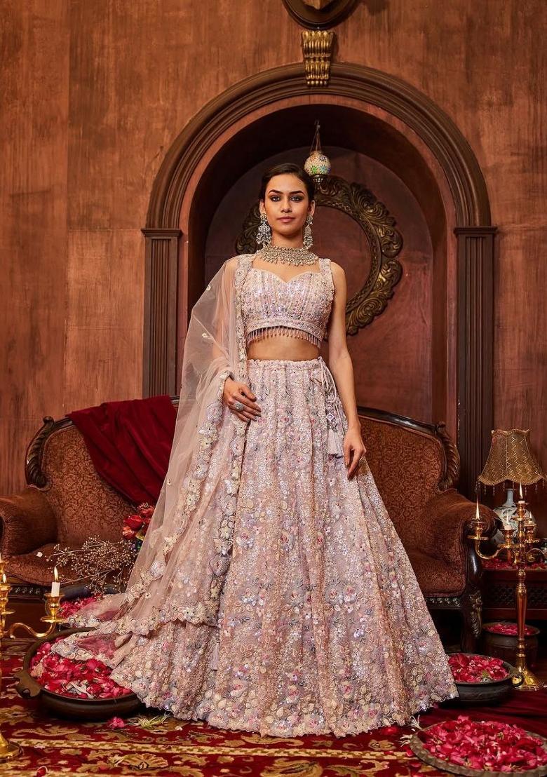 Pink Embroidered Georgette Lehenga Set - Indya