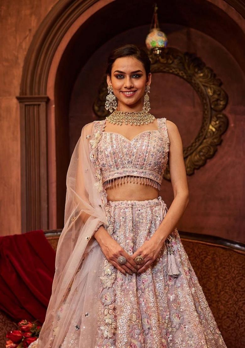 Pink Embroidered Georgette Lehenga Set - Indya